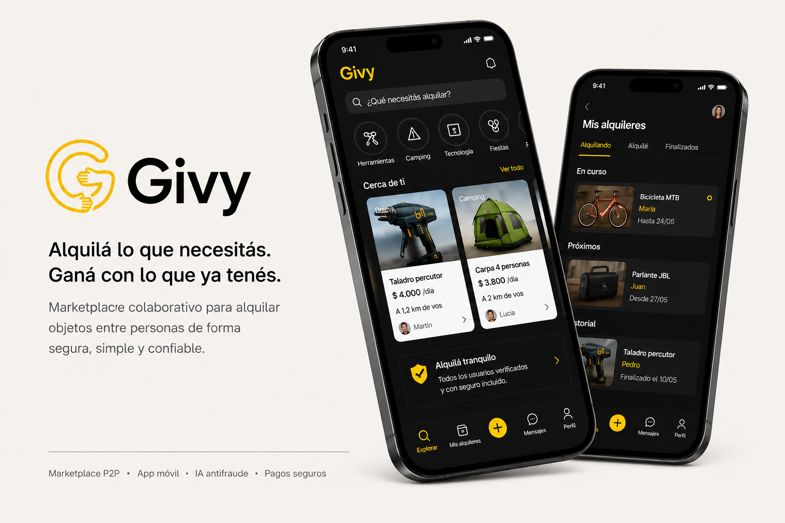 Aplicación Givy en dos teléfonos, con su identidad amarilla y negra
